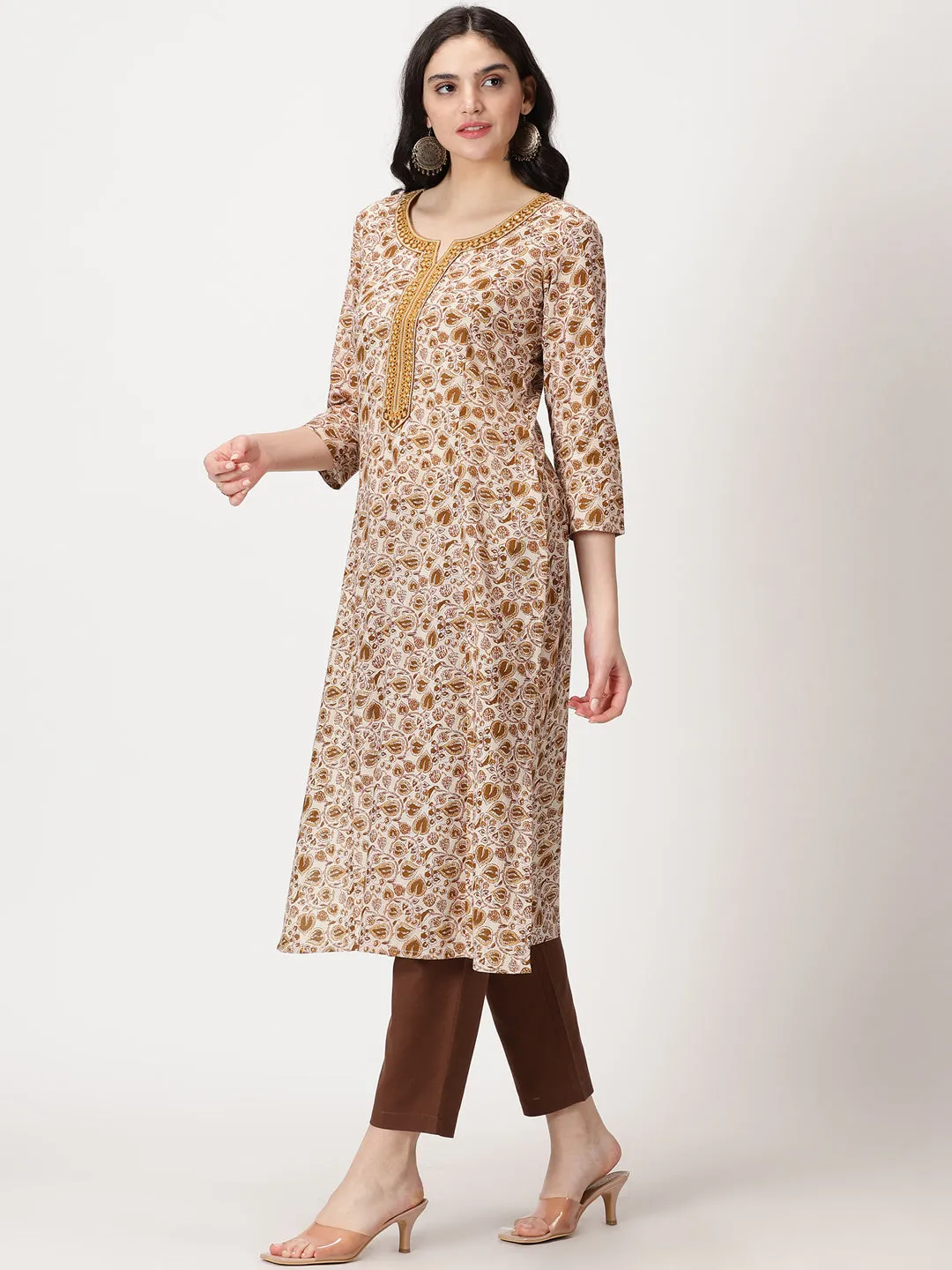 Beige Ethnic Leaf Print Cotton Kurta with Mirror Neck Embroidery