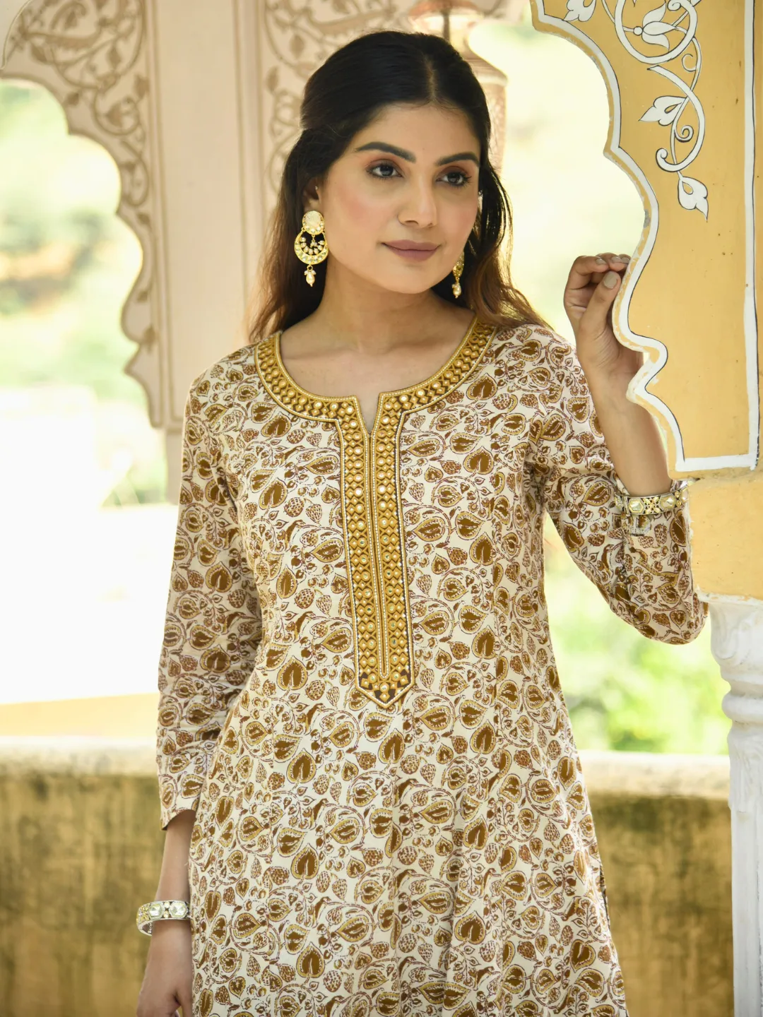 Beige Ethnic Leaf Print Cotton Kurta with Mirror Neck Embroidery