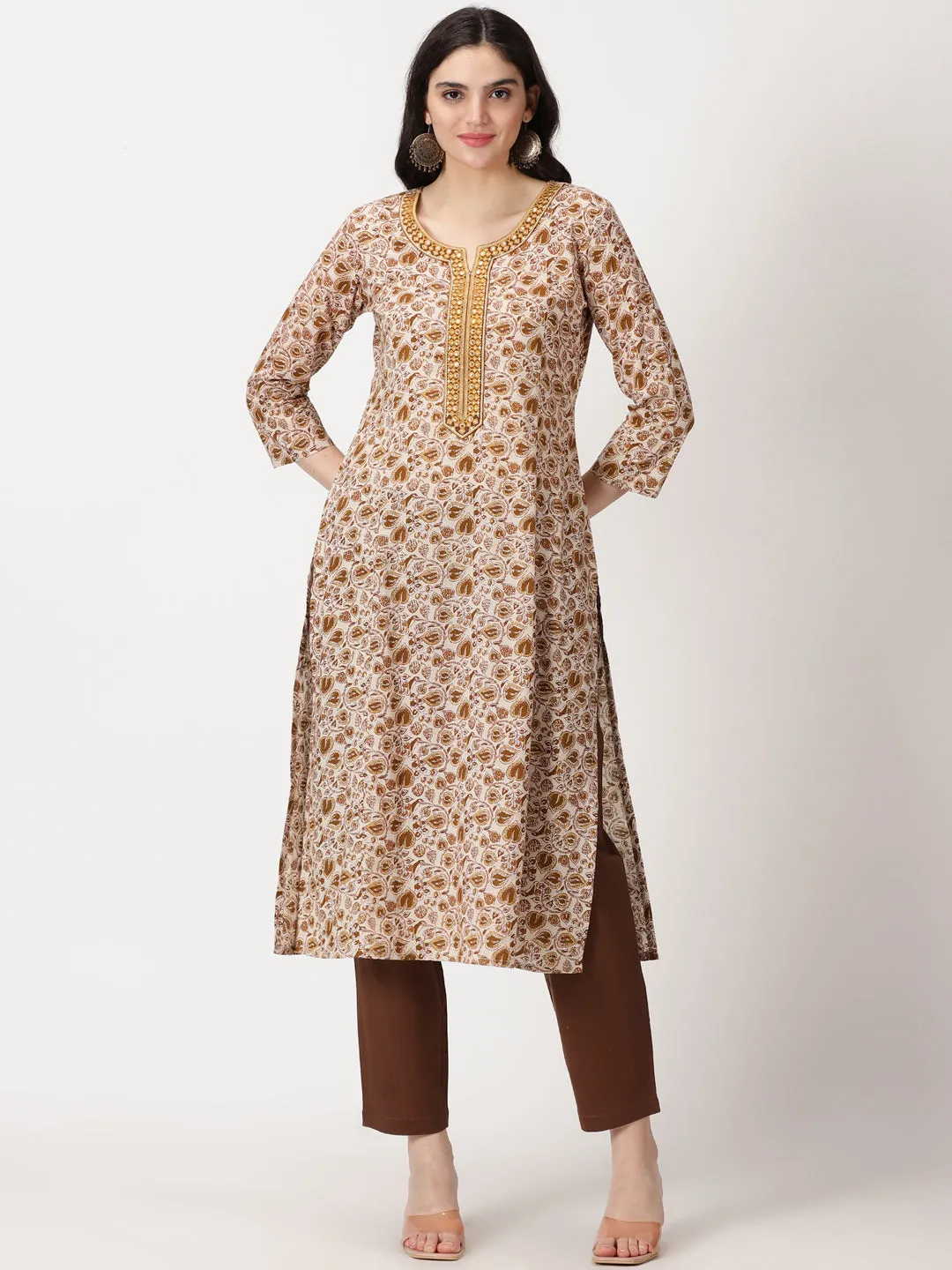 Beige Ethnic Leaf Print Cotton Kurta with Mirror Neck Embroidery