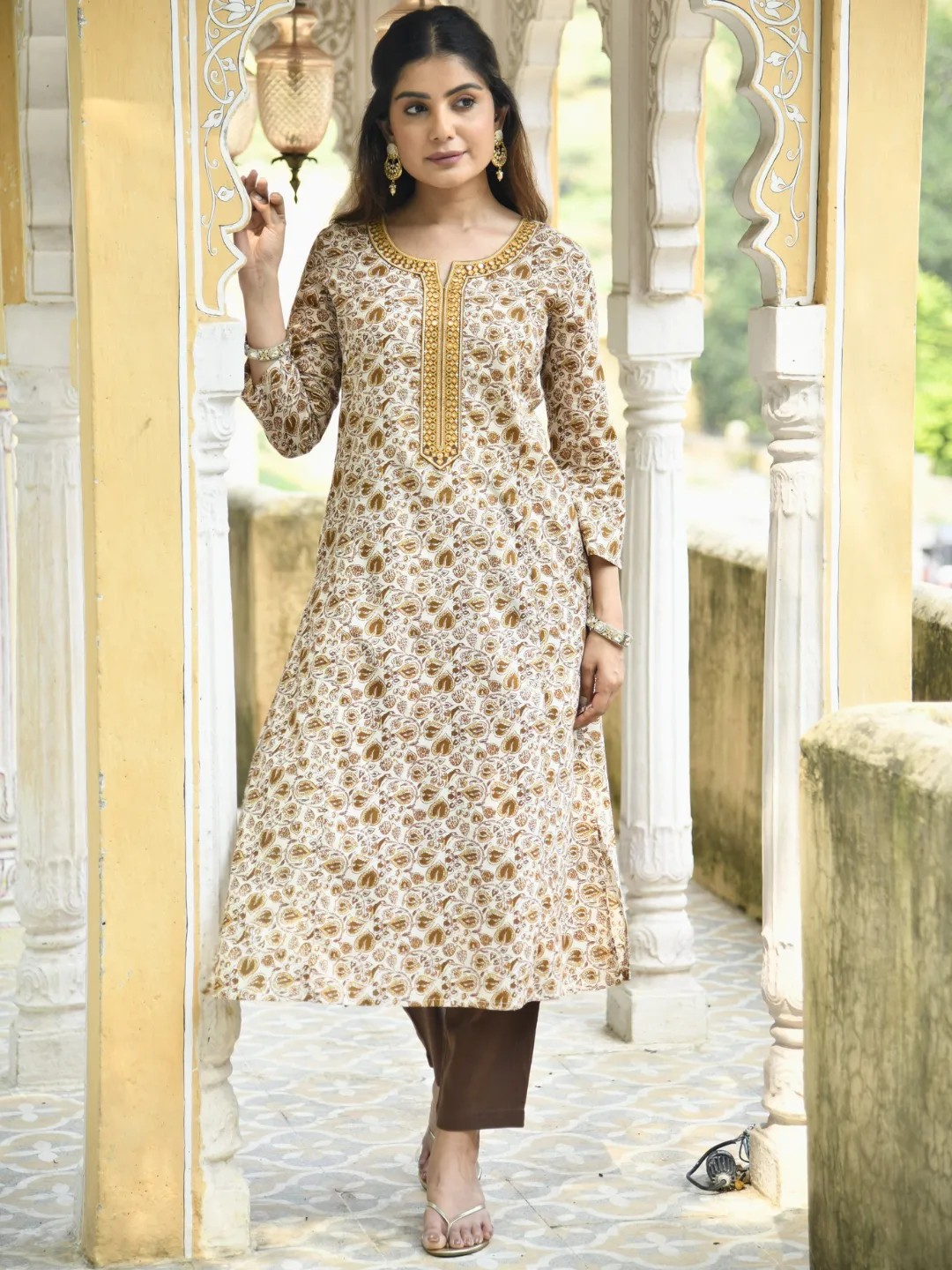 Beige Ethnic Leaf Print Cotton Kurta with Mirror Neck Embroidery