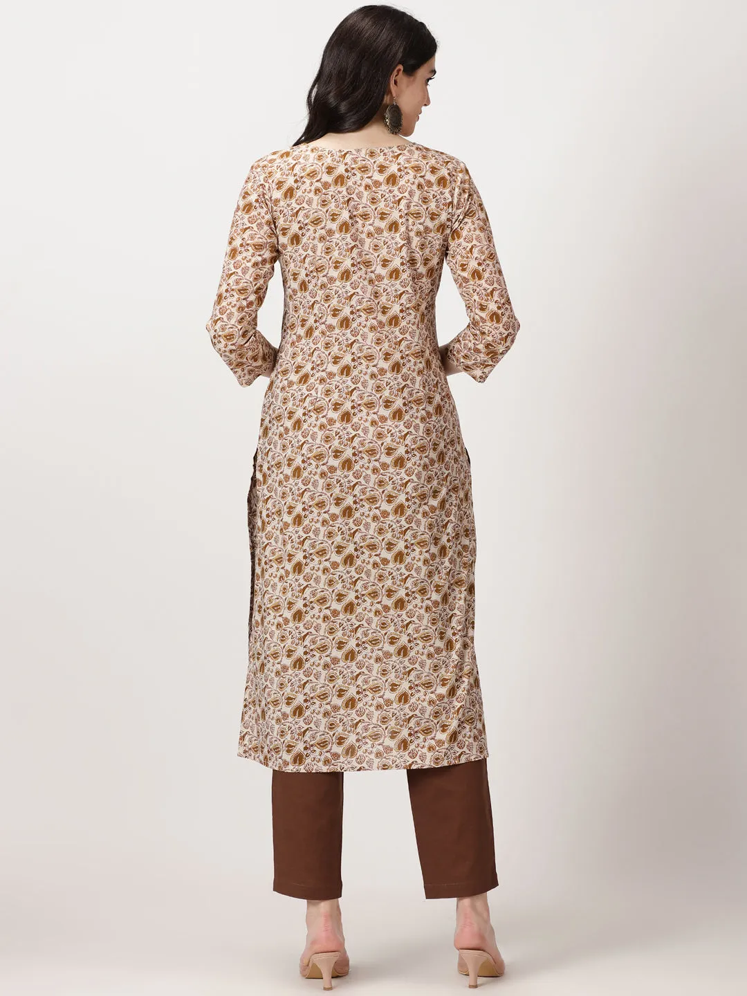 Beige Ethnic Leaf Print Cotton Kurta with Mirror Neck Embroidery