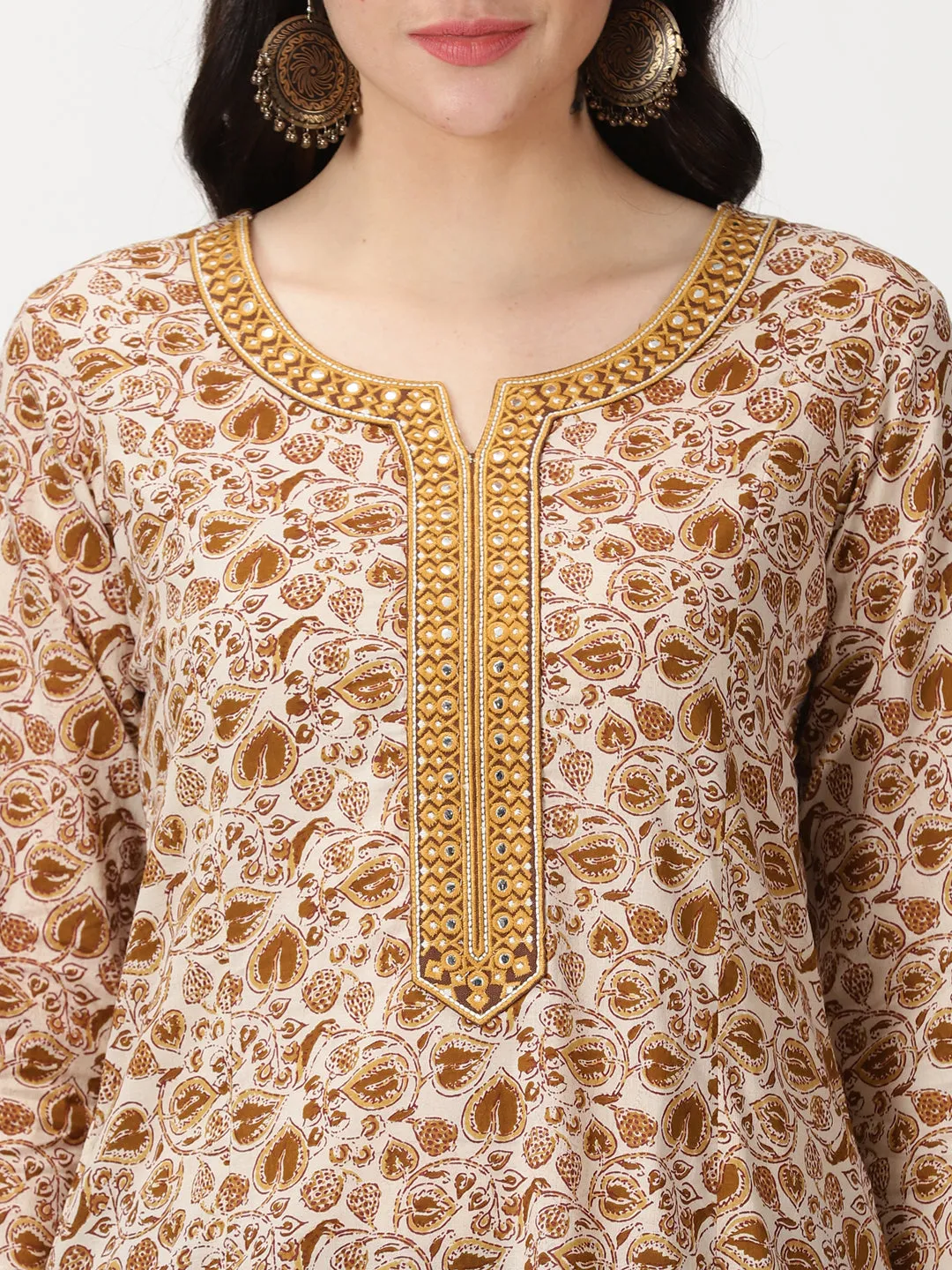 Beige Ethnic Leaf Print Cotton Kurta with Mirror Neck Embroidery