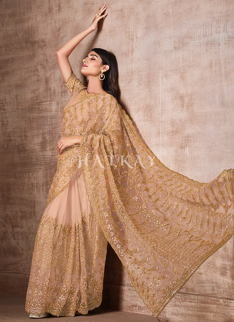 Beige Golden Traditional Zari Embroidered Party Wear Saree