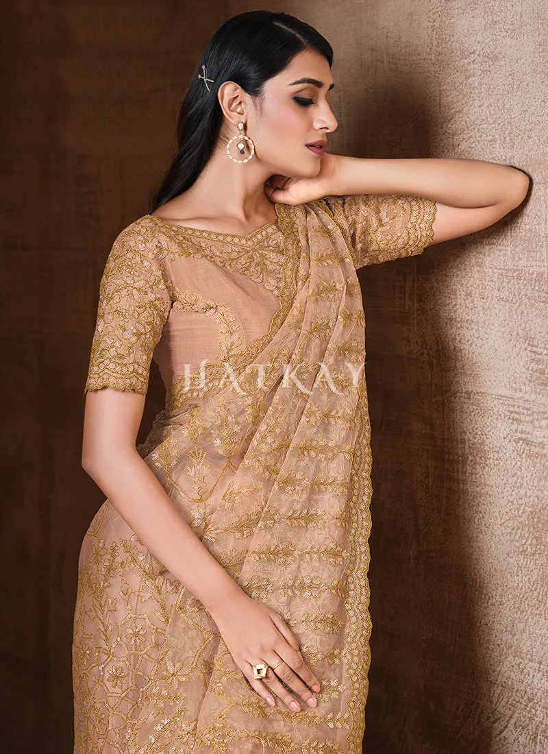 Beige Golden Traditional Zari Embroidered Party Wear Saree