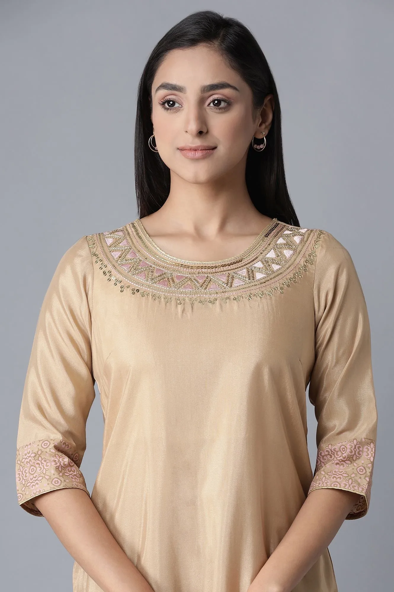 Beige kurta-Straight Palazzo Set