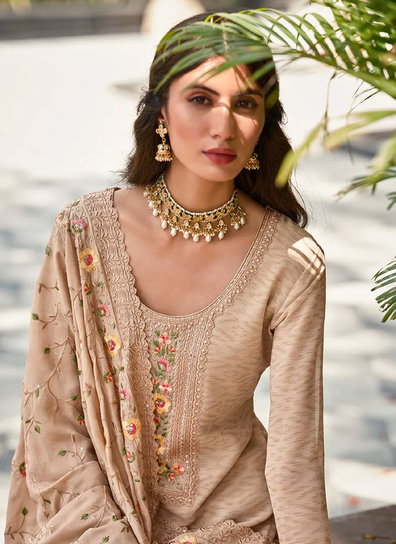 Beige Multi Embroidery Traditional Pant Suit