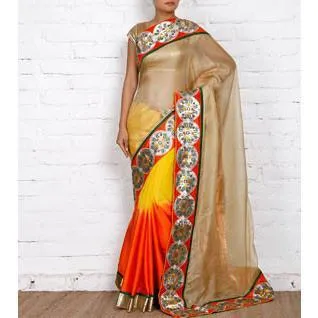Beige, Orange & Yellow Kota Silk Saree