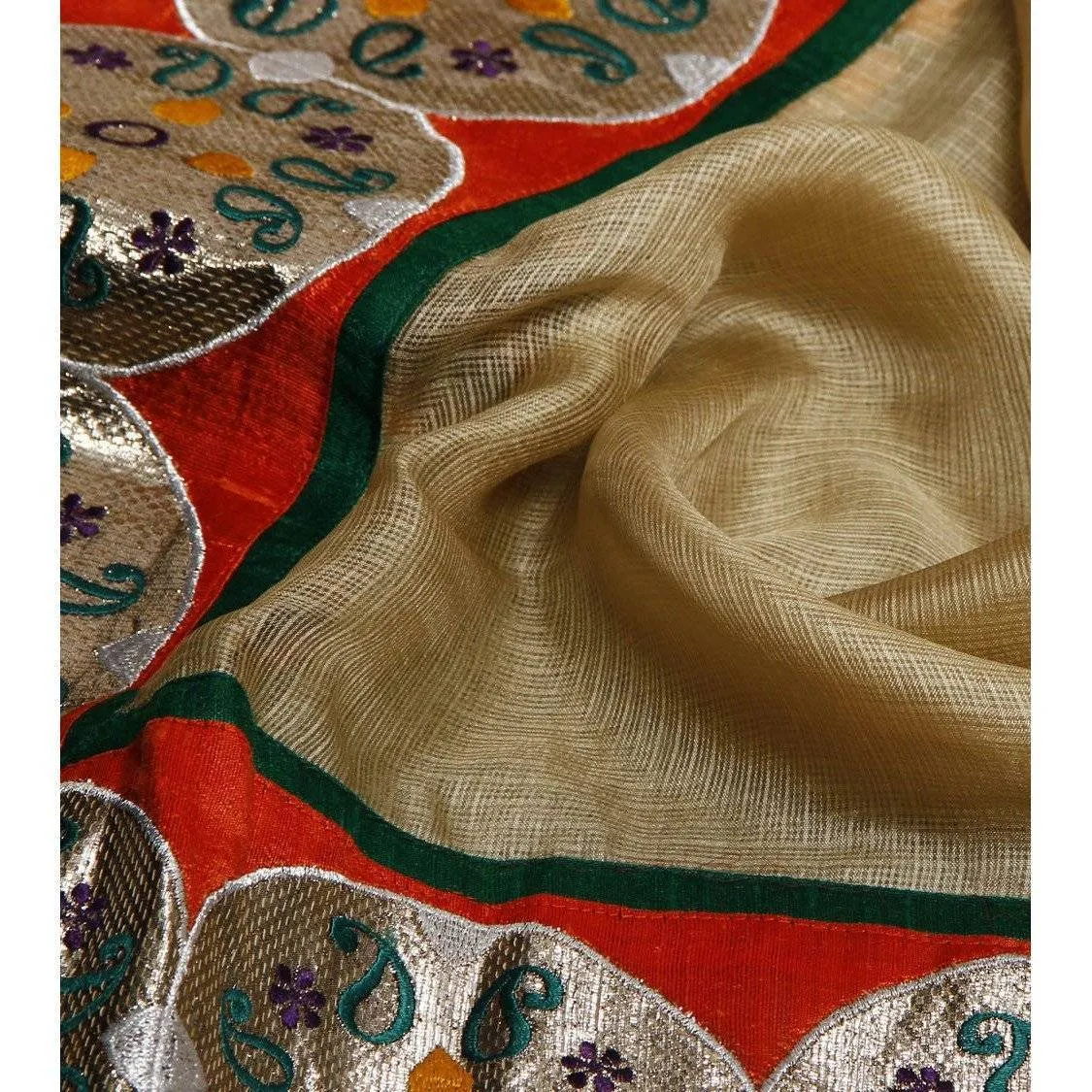 Beige, Orange & Yellow Kota Silk Saree
