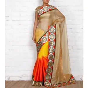 Beige, Orange & Yellow Kota Silk Saree
