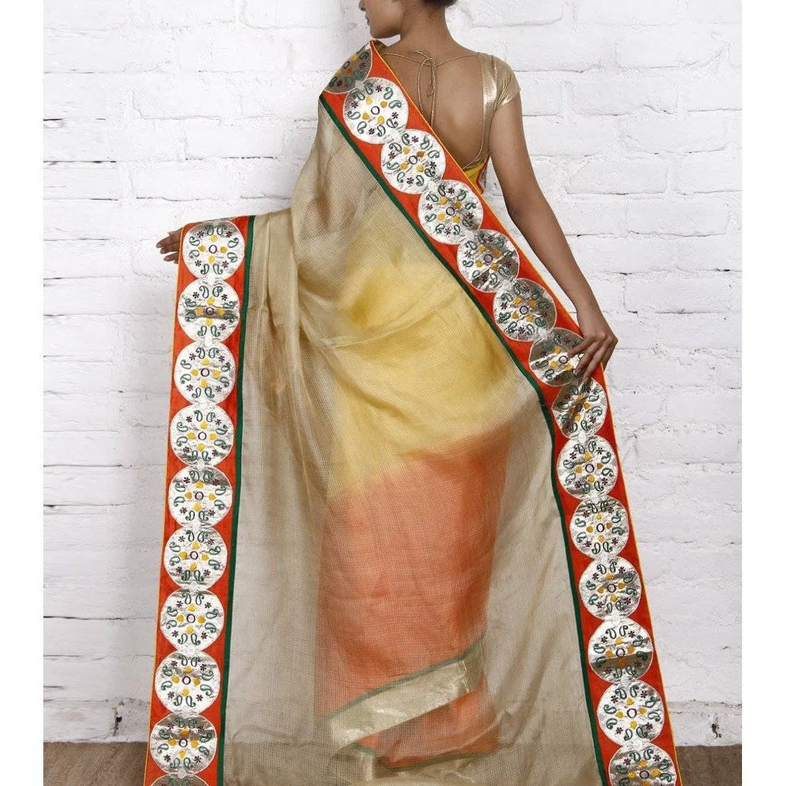 Beige, Orange & Yellow Kota Silk Saree