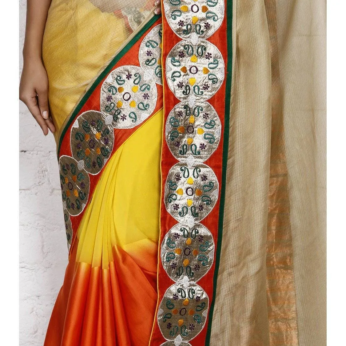 Beige, Orange & Yellow Kota Silk Saree