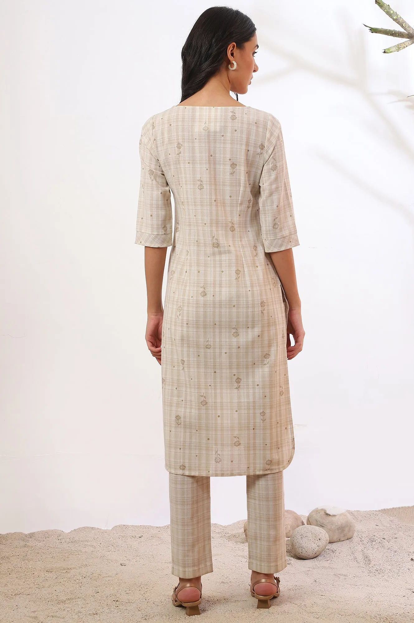 Beige Printed Cotton Blend Straight Kurta & Trousers Set