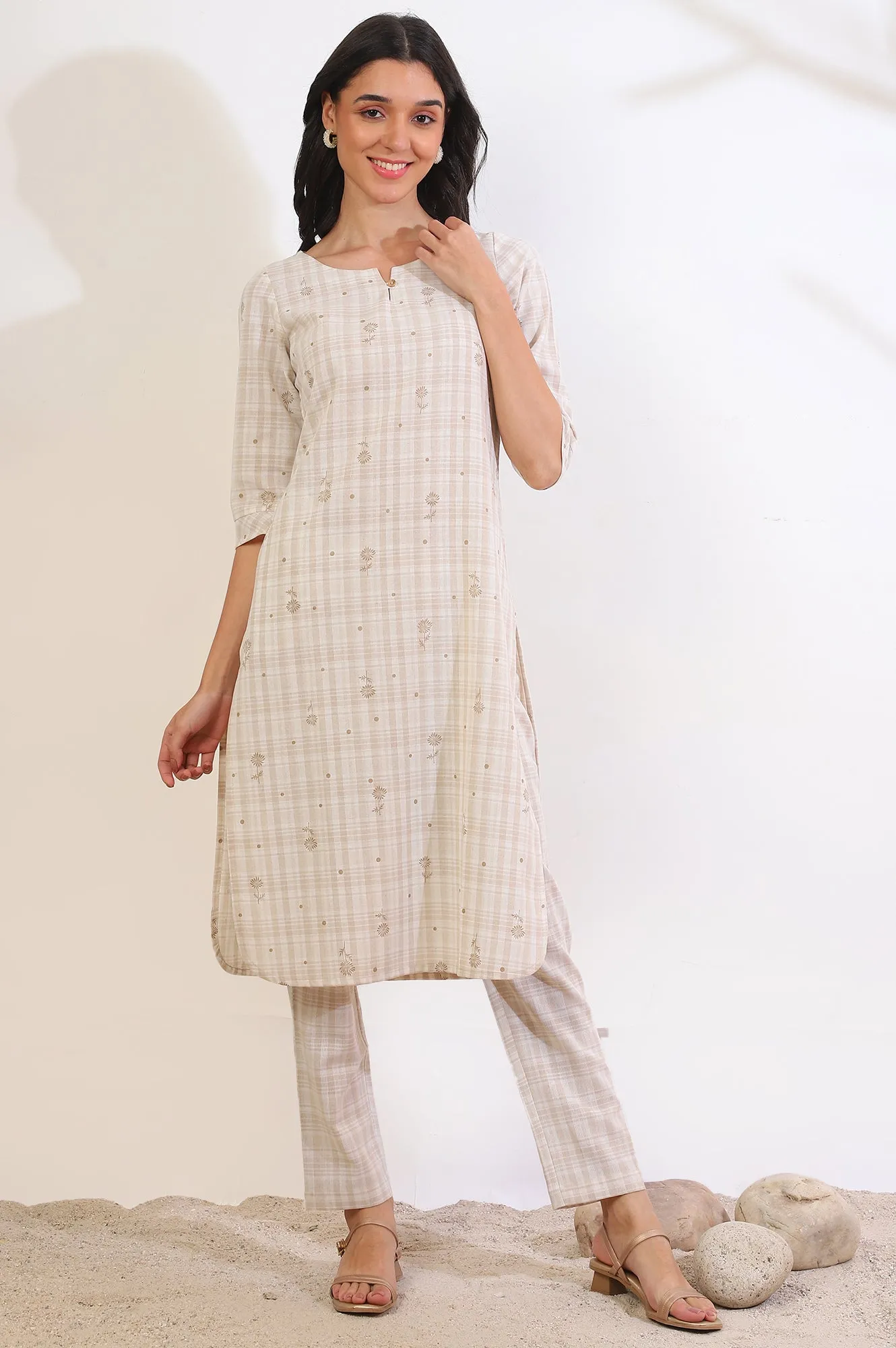 Beige Printed Cotton Blend Straight Kurta & Trousers Set