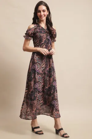 Black Abstract Printed Georgette Ethnic Motifs Dress For Women