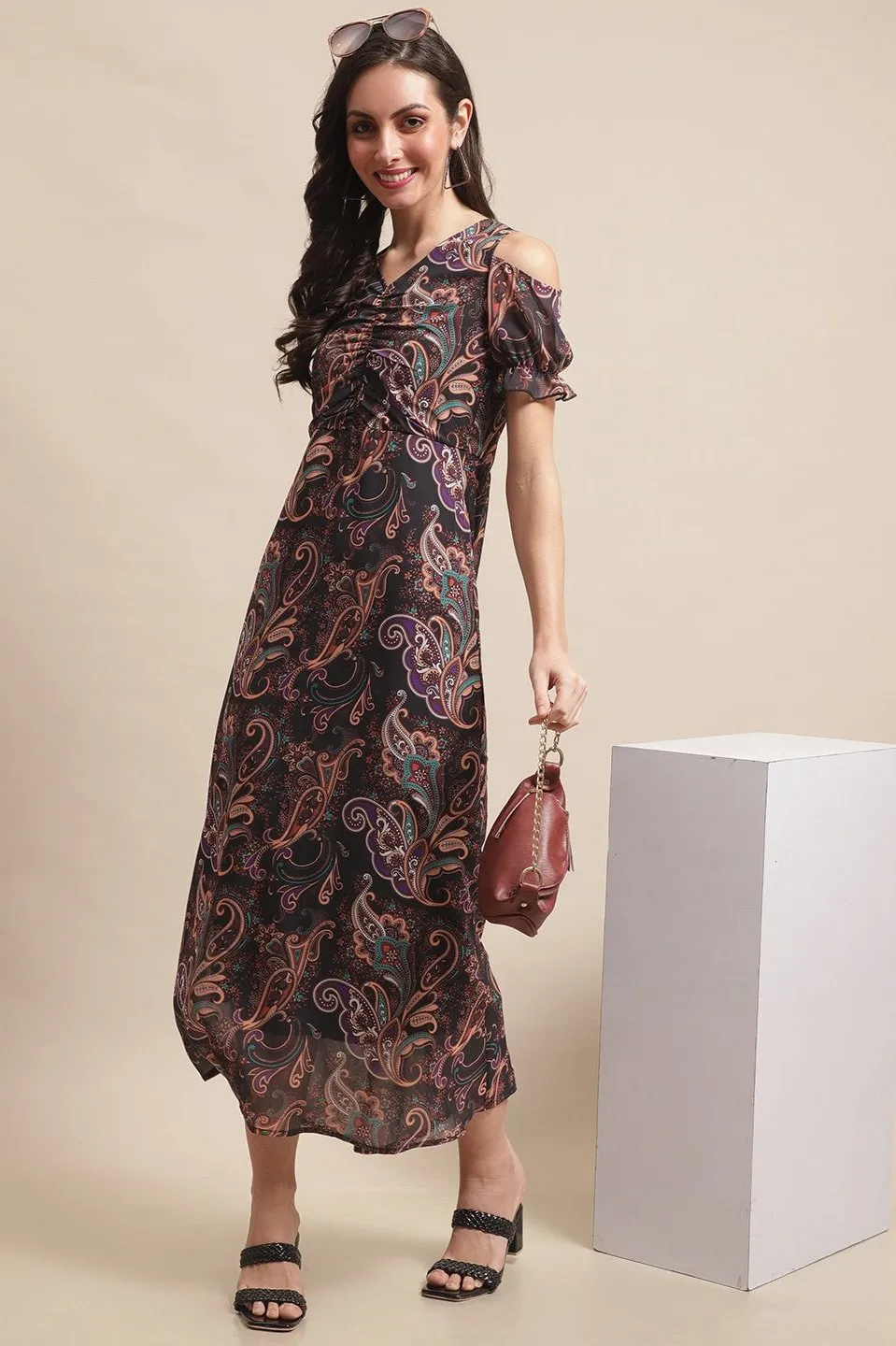 Black Abstract Printed Georgette Ethnic Motifs Dress For Women