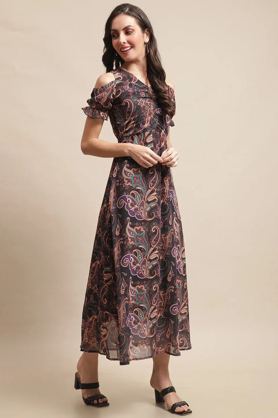 Black Abstract Printed Georgette Ethnic Motifs Dress For Women