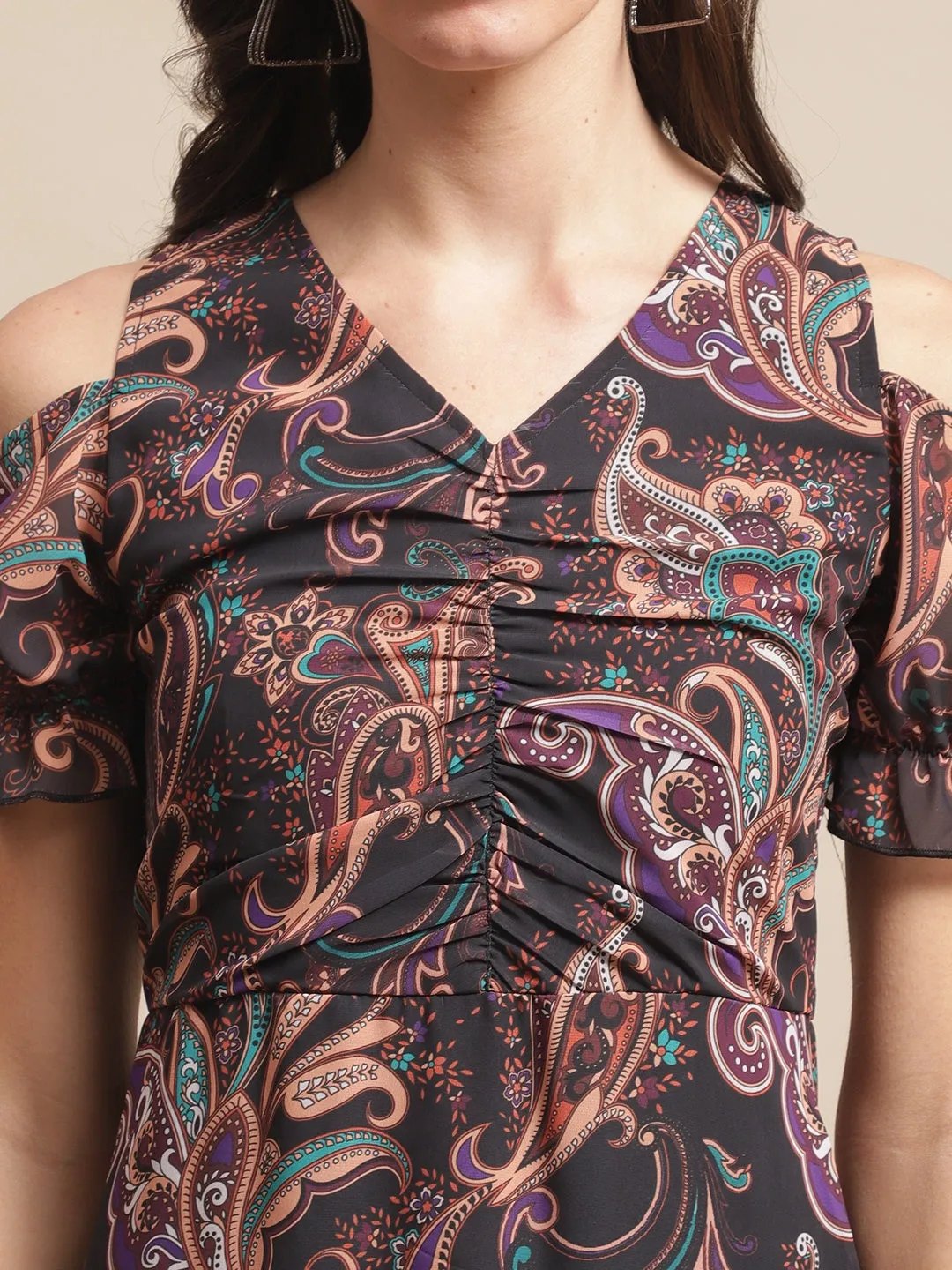 Black Abstract Printed Georgette Ethnic Motifs Dress For Women