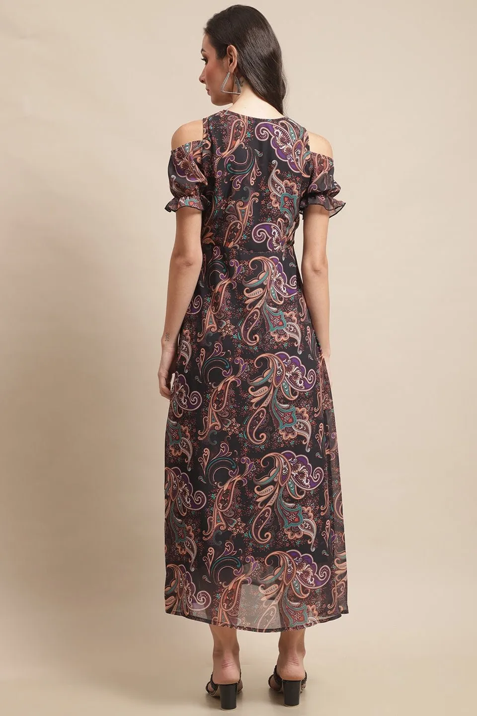 Black Abstract Printed Georgette Ethnic Motifs Dress For Women