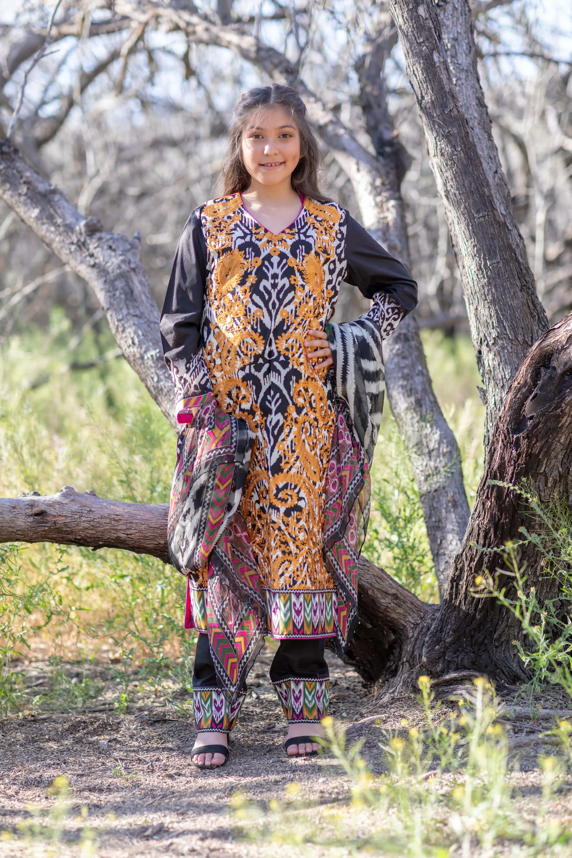 Black & Orange Embroidered Cotton Suit - Salwar Kameez