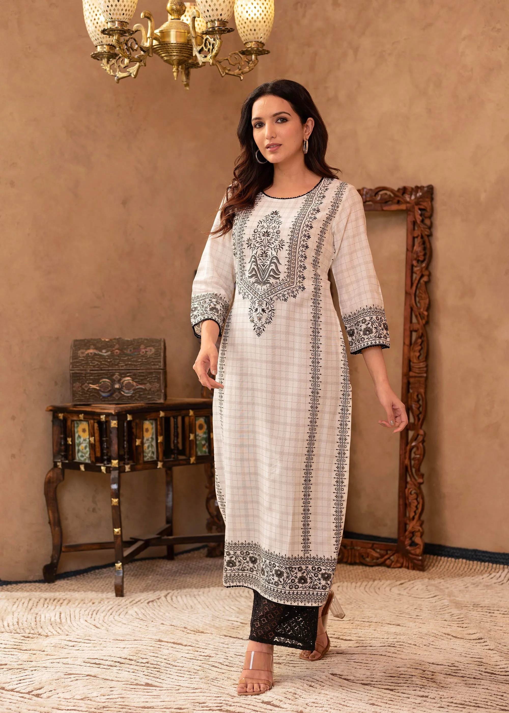 Black & White Ethnic Motif Printed Viscose Kurta with Cotton Lace & Sequins