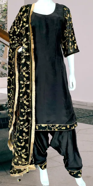 Black and Golden Punjabi Patiala Salwar Suit, Pure Upada Silk Punjabi Suit