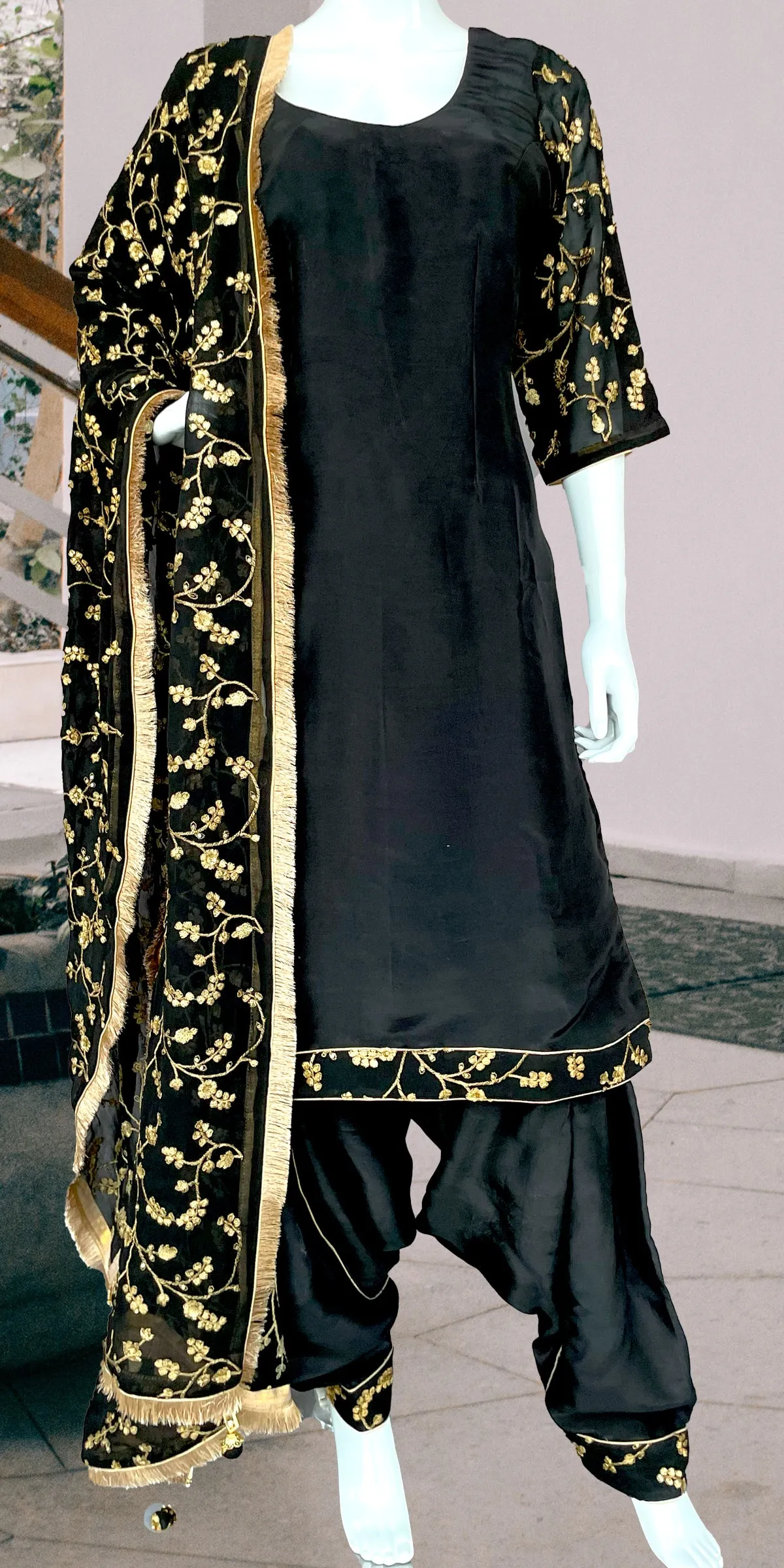 Black and Golden Punjabi Patiala Salwar Suit, Pure Upada Silk Punjabi Suit