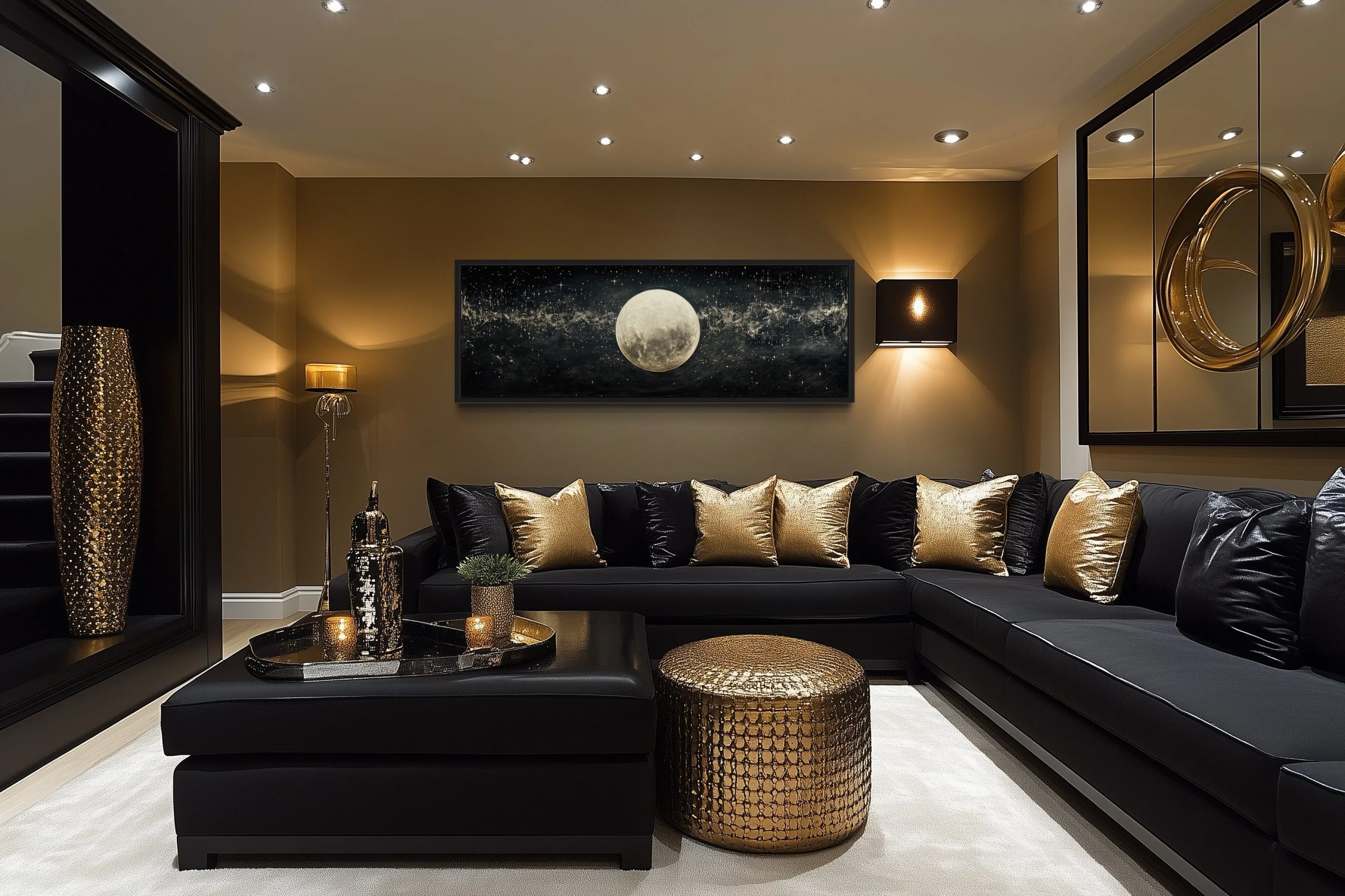 Black and White Moon In Starry Sky Horizontal Above Bed Wall Art