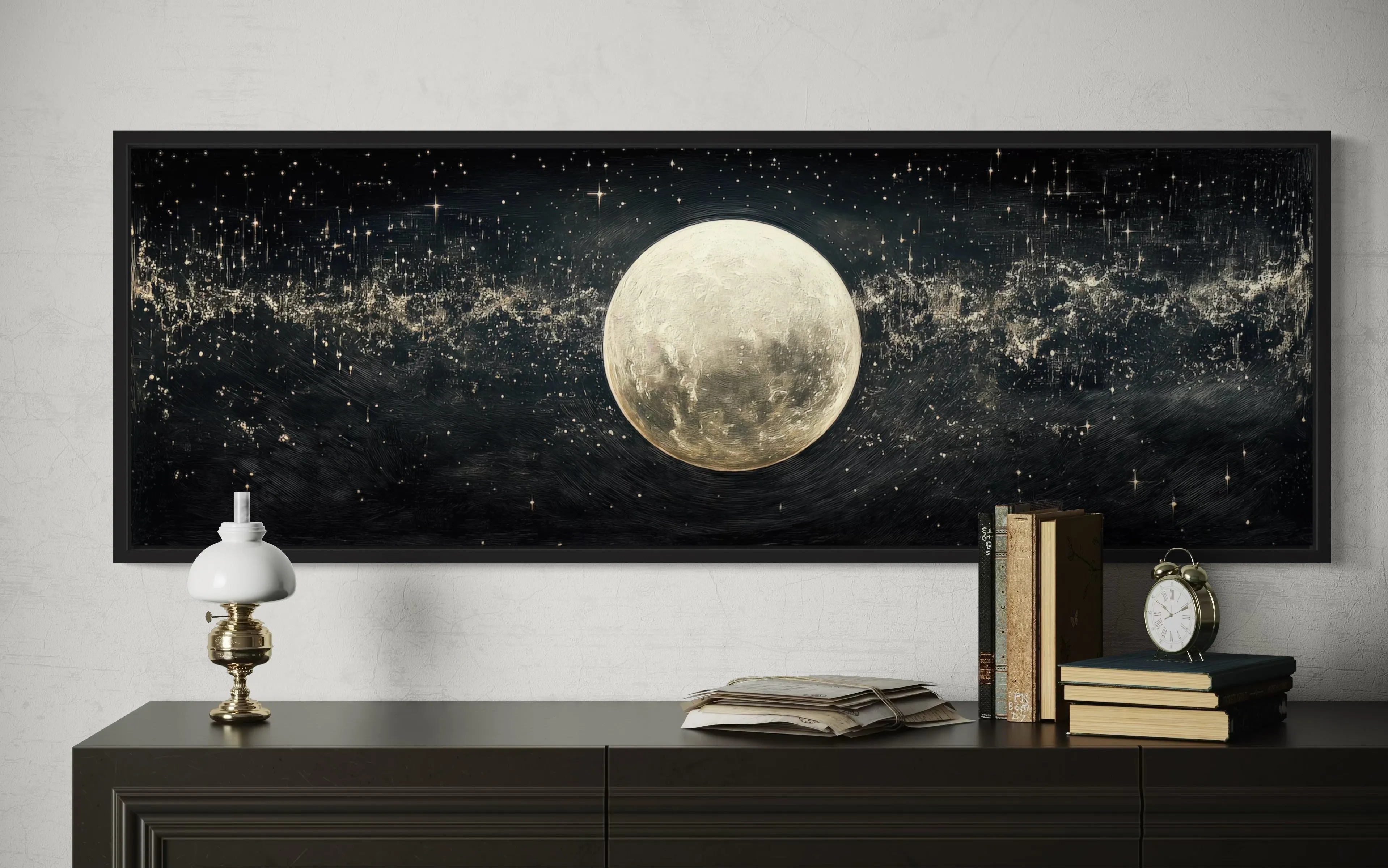 Black and White Moon In Starry Sky Horizontal Above Bed Wall Art