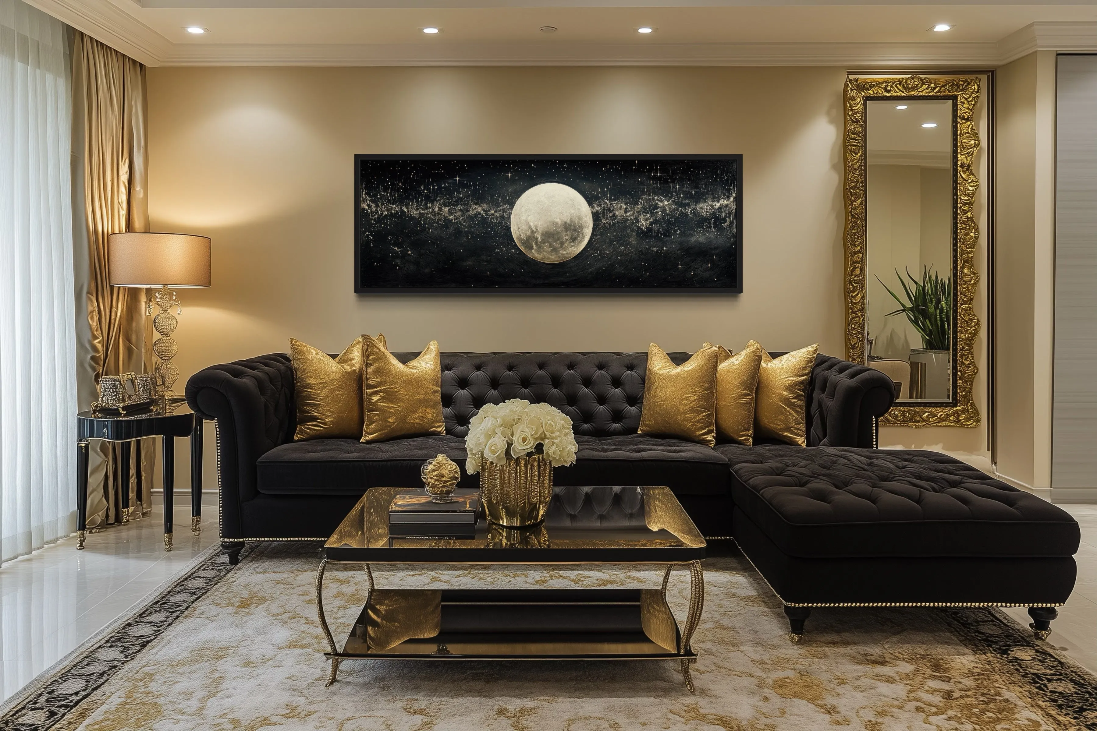Black and White Moon In Starry Sky Horizontal Above Bed Wall Art