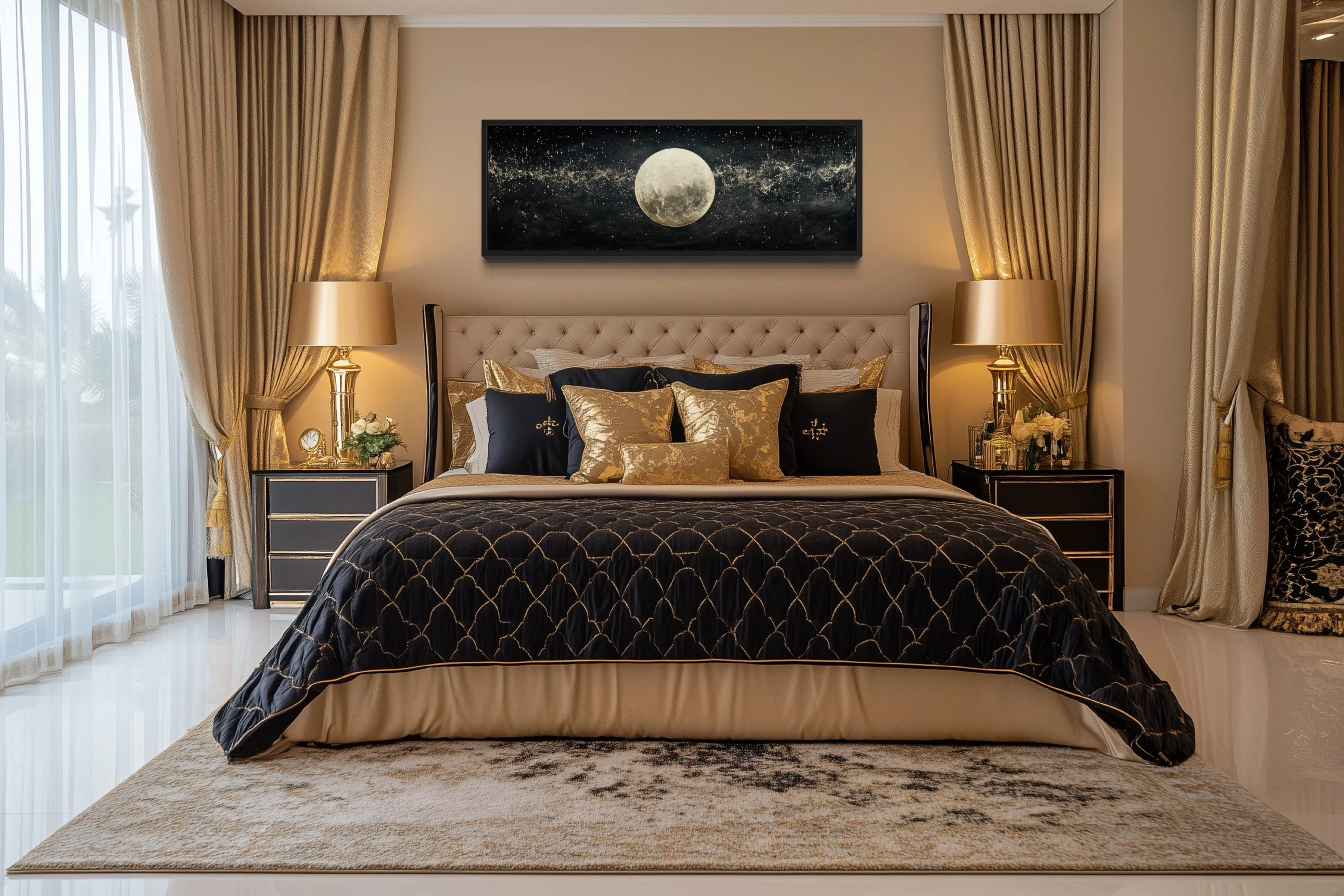Black and White Moon In Starry Sky Horizontal Above Bed Wall Art
