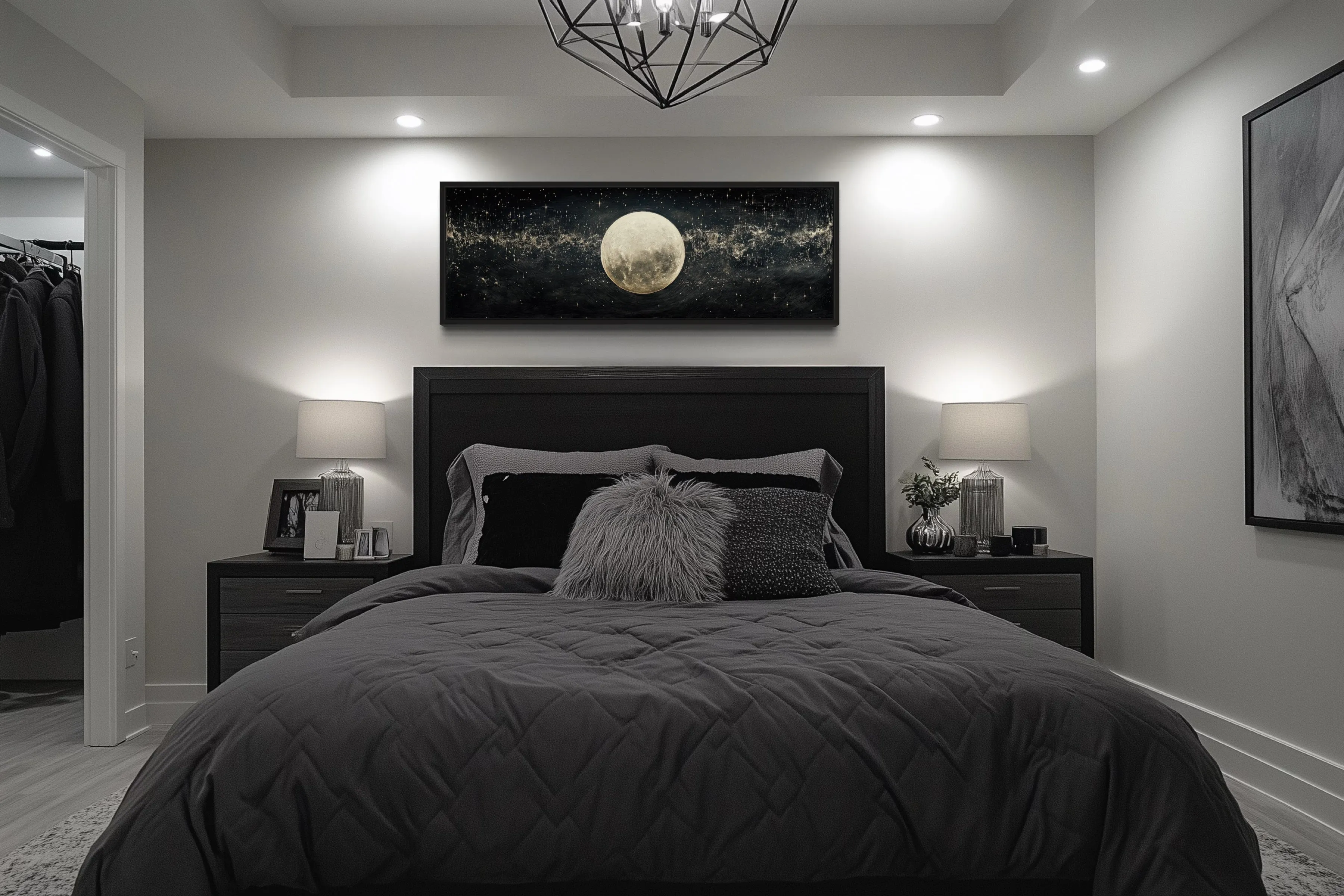 Black and White Moon In Starry Sky Horizontal Above Bed Wall Art