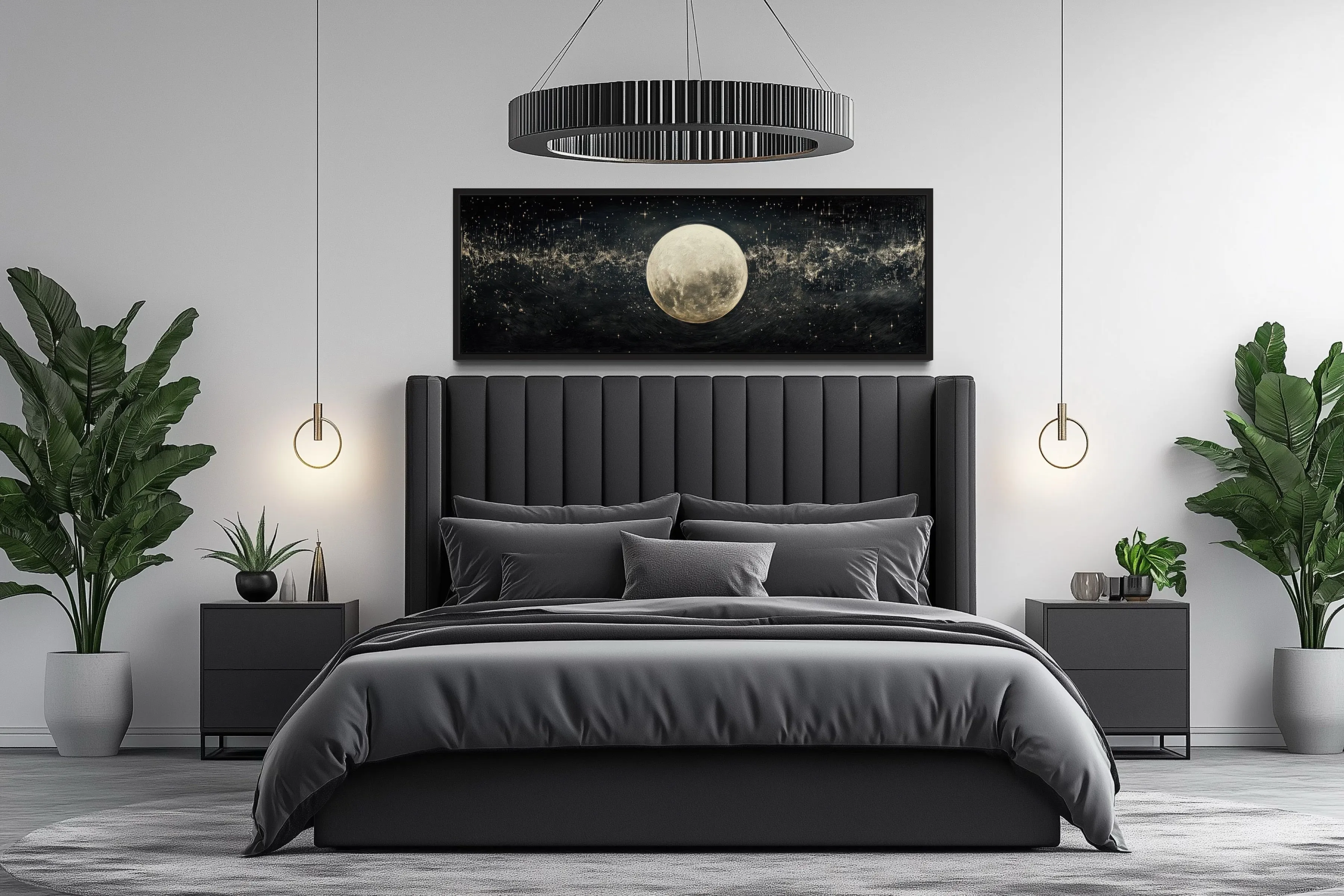 Black and White Moon In Starry Sky Horizontal Above Bed Wall Art