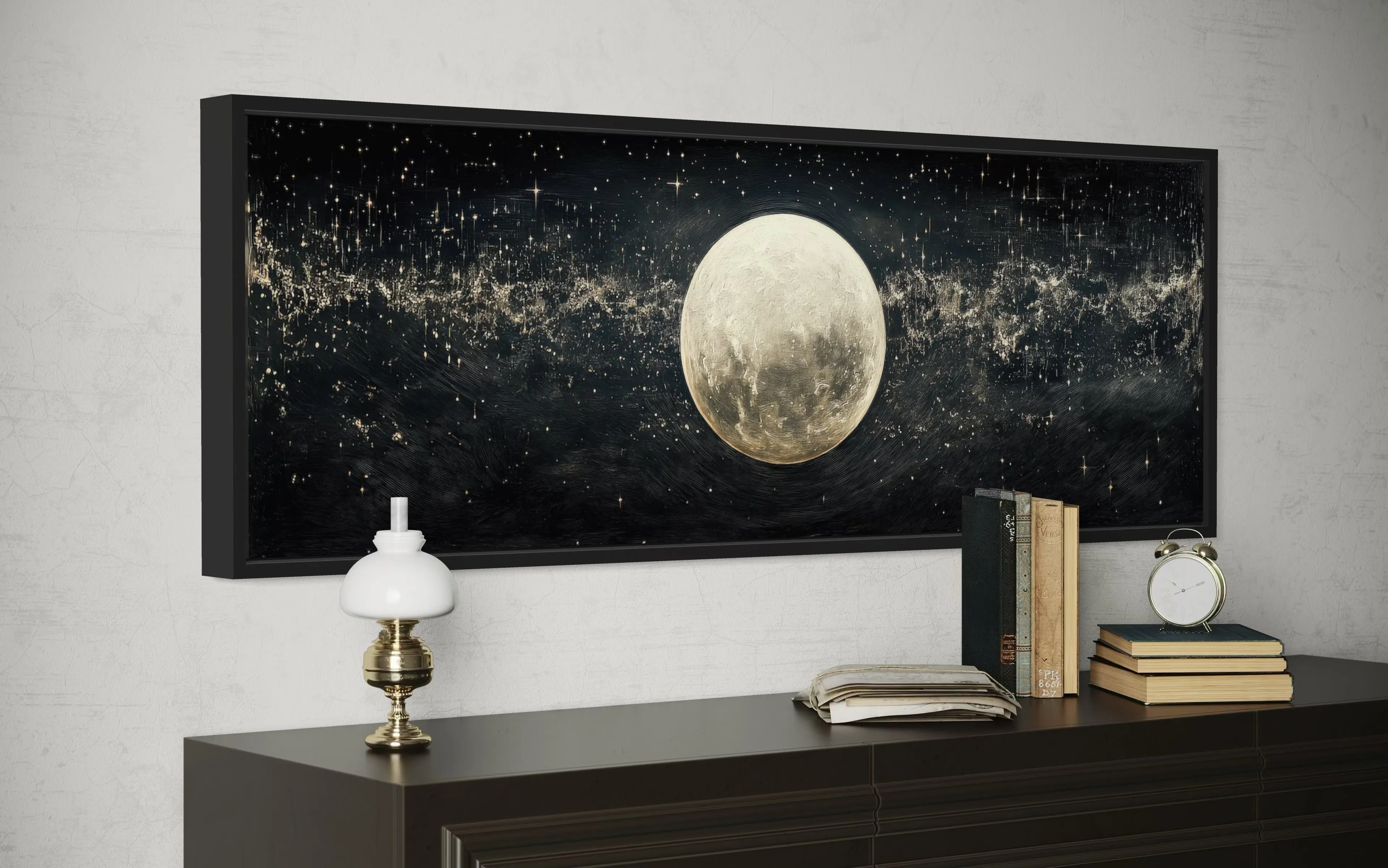 Black and White Moon In Starry Sky Horizontal Above Bed Wall Art