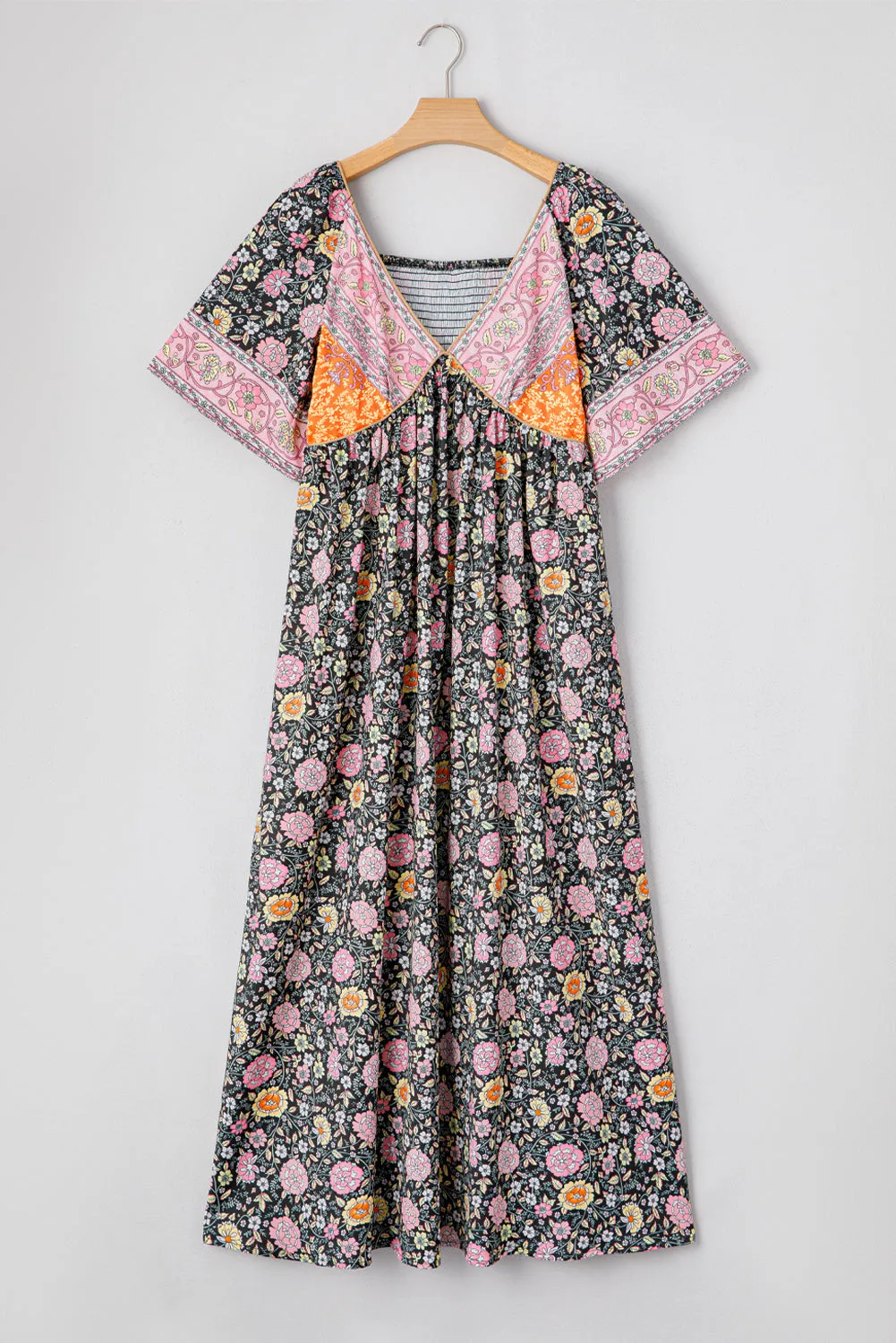Black Boho Floral Patchwork Sexy V Neck Short Sleeve Maxi Dress