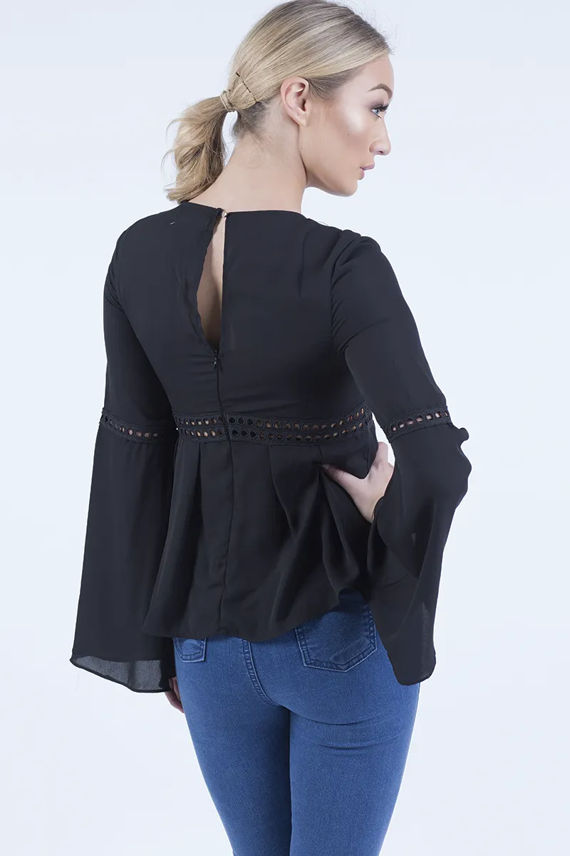 Black Crochet Detail Bell Sleeve Top - Catrina