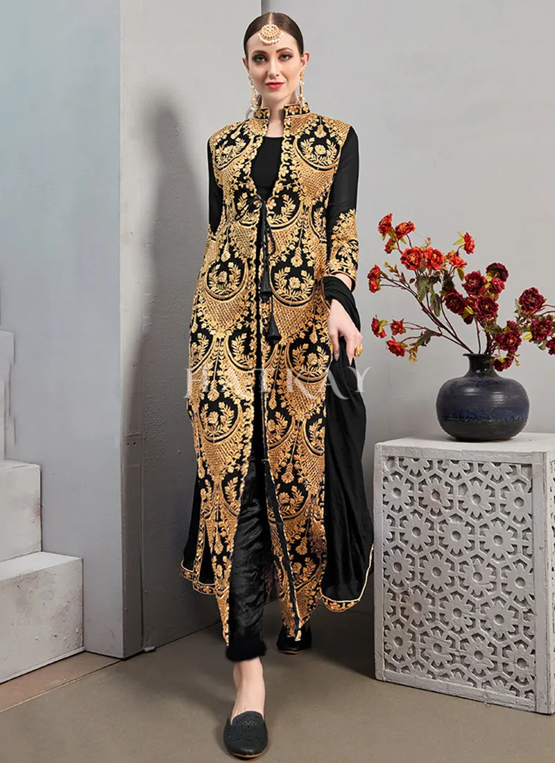 Black Embroidered Jacket Style Pant Suit