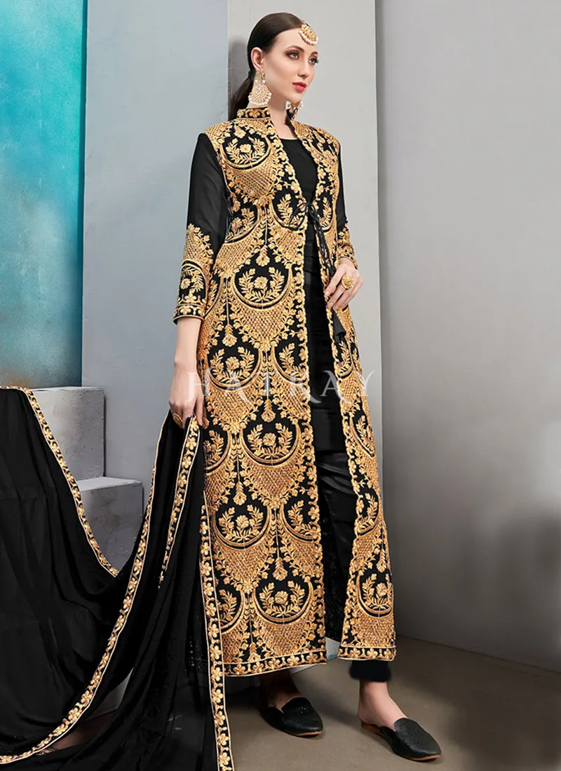 Black Embroidered Jacket Style Pant Suit