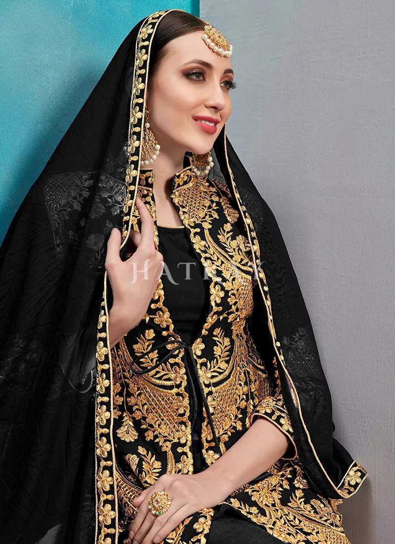 Black Embroidered Jacket Style Pant Suit