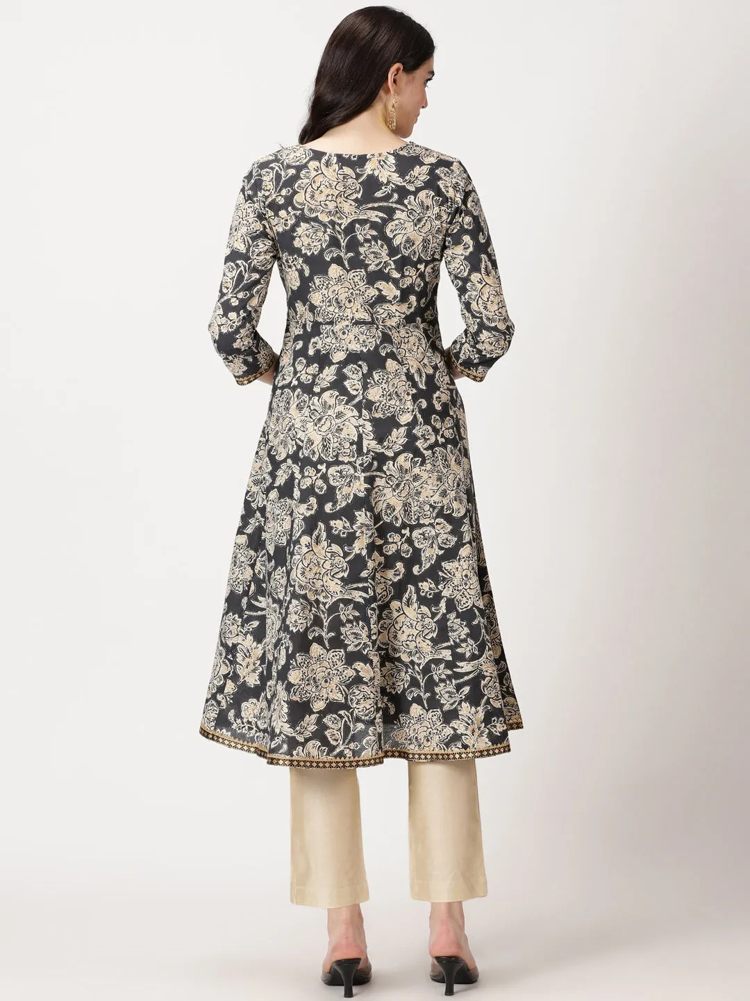Black Ethnic Floral Print Anarkali Kurta with Lace Details