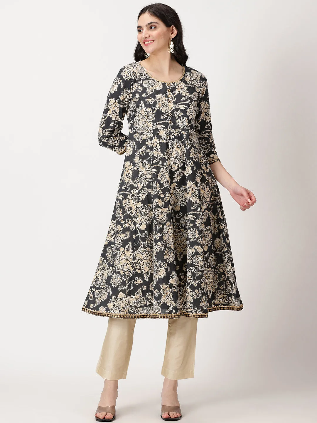 Black Ethnic Floral Print Anarkali Kurta with Lace Details