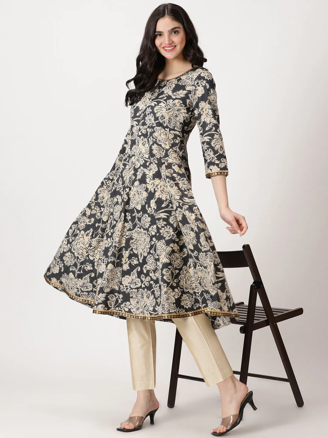 Black Ethnic Floral Print Anarkali Kurta with Lace Details