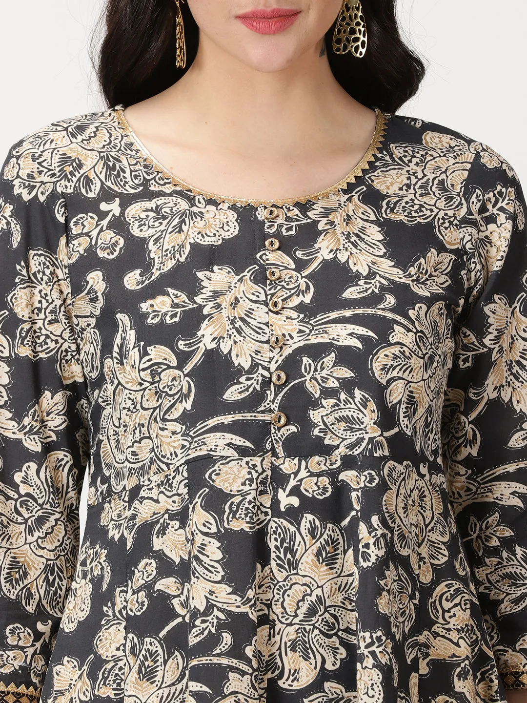 Black Ethnic Floral Print Anarkali Kurta with Lace Details