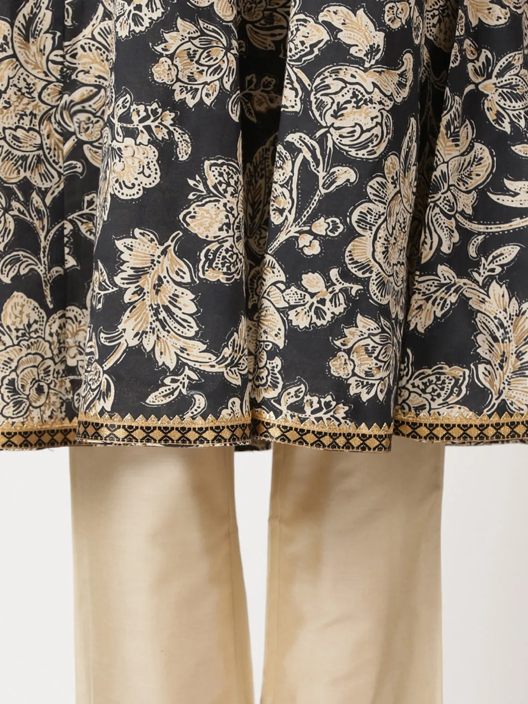 Black Ethnic Floral Print Anarkali Kurta with Lace Details