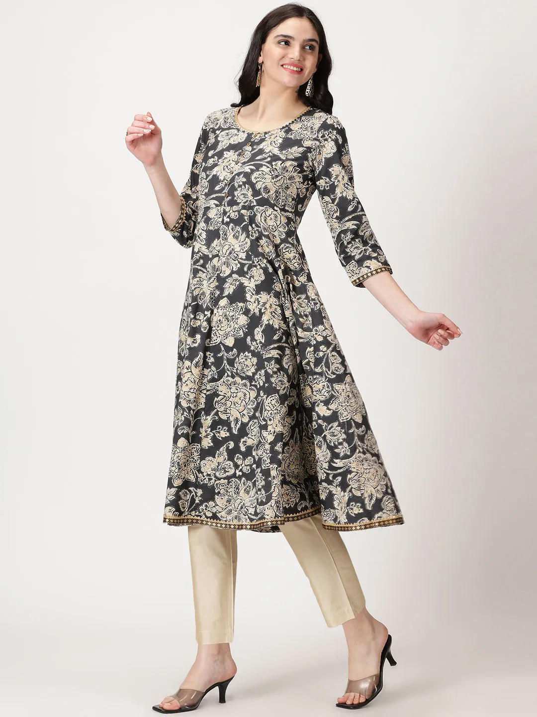 Black Ethnic Floral Print Anarkali Kurta with Lace Details