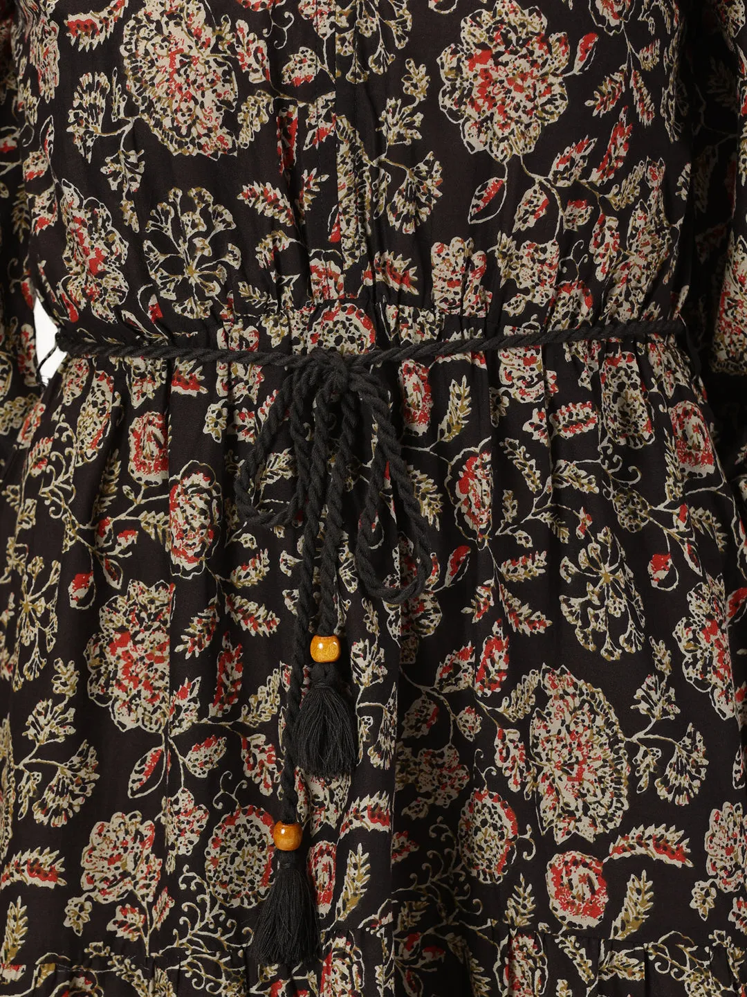 Black Ethnic Floral Print Boho Midi Dress