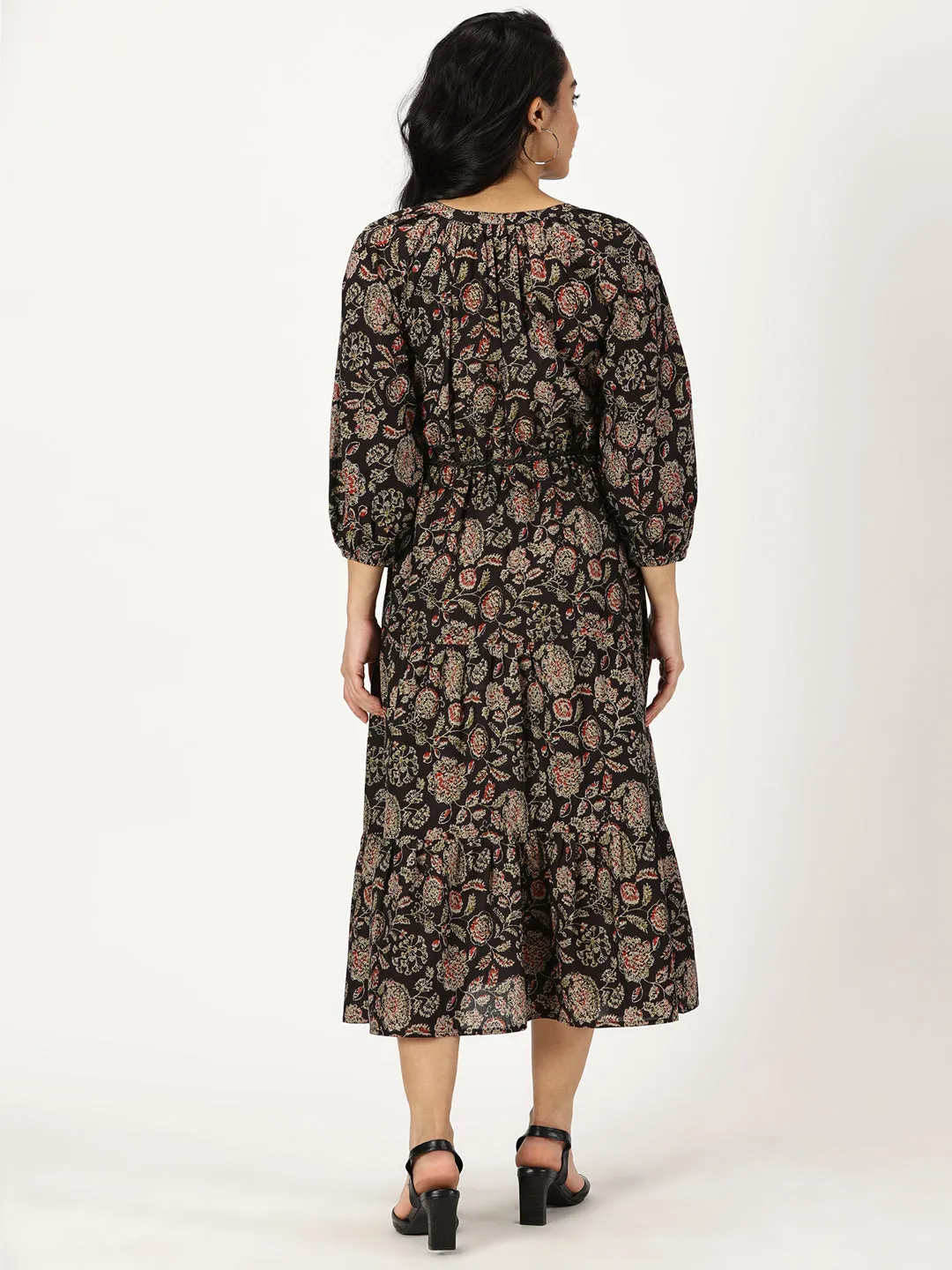 Black Ethnic Floral Print Boho Midi Dress