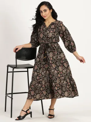 Black Ethnic Floral Print Boho Midi Dress