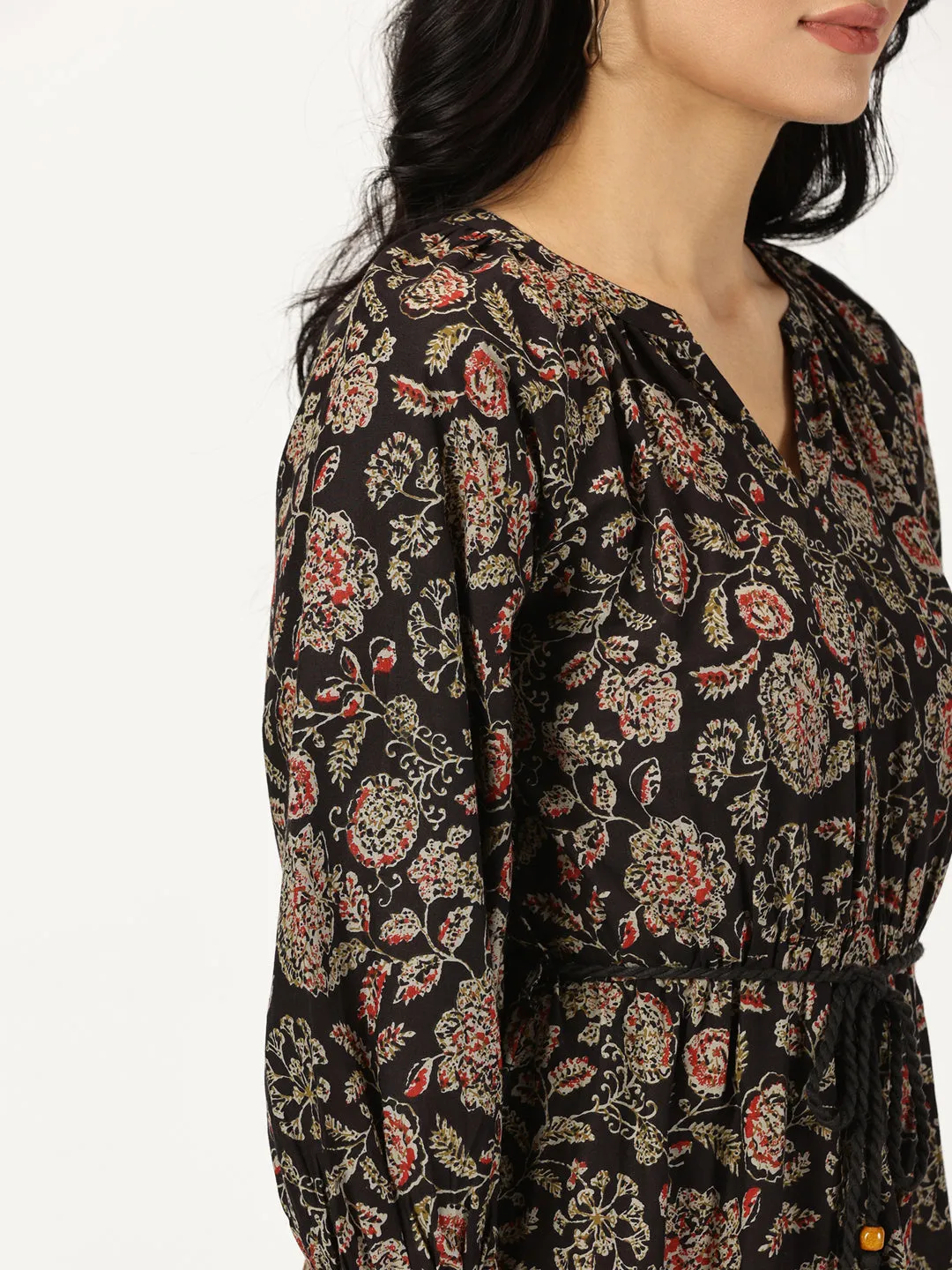 Black Ethnic Floral Print Boho Midi Dress