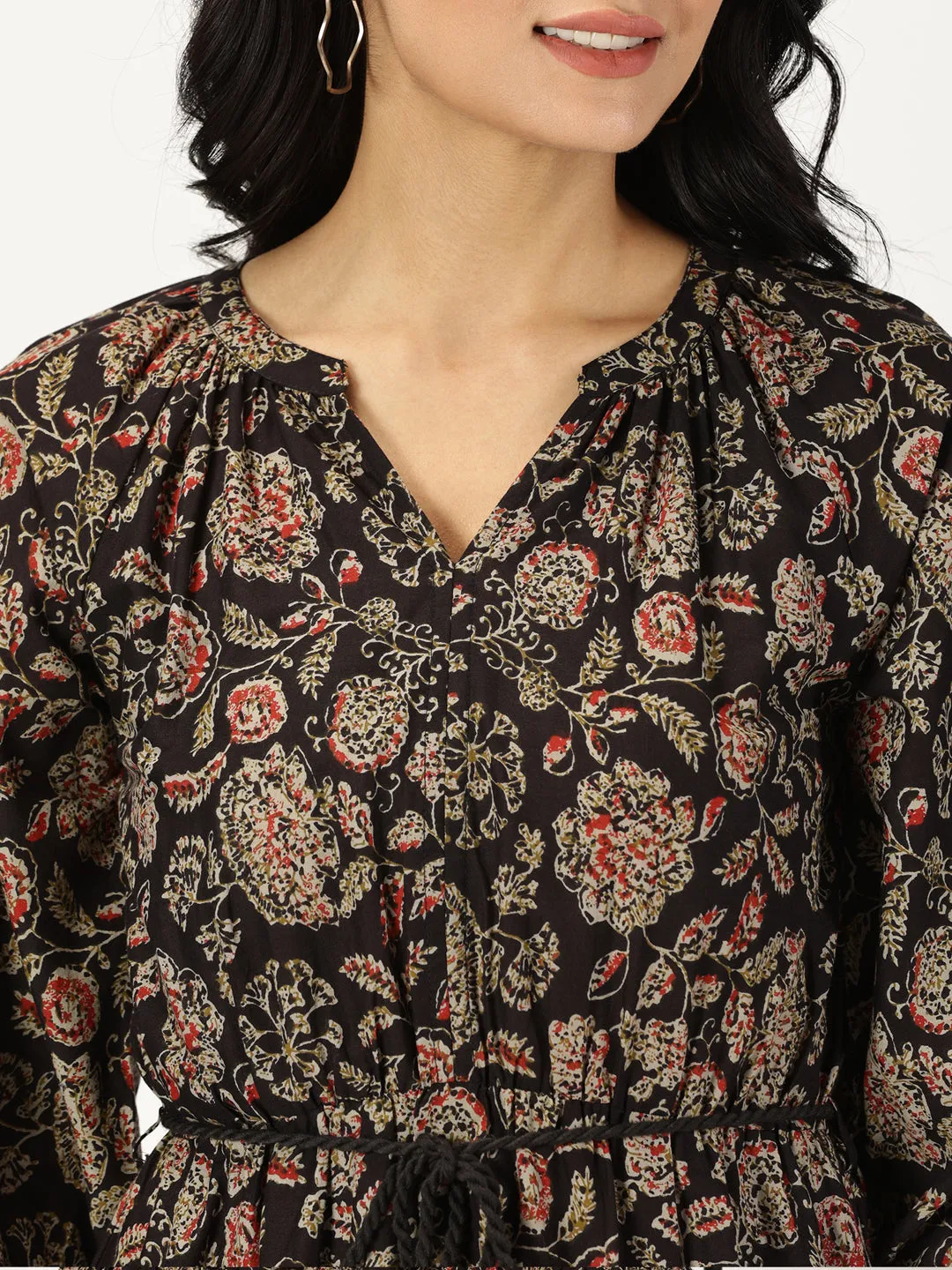 Black Ethnic Floral Print Boho Midi Dress