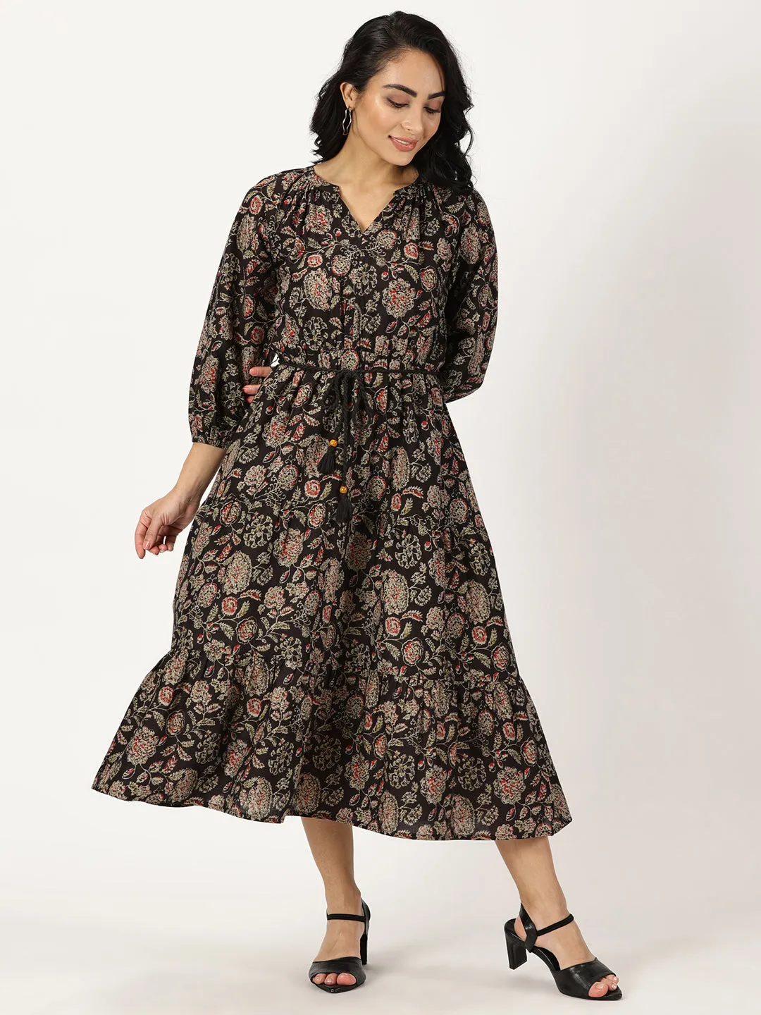 Black Ethnic Floral Print Boho Midi Dress